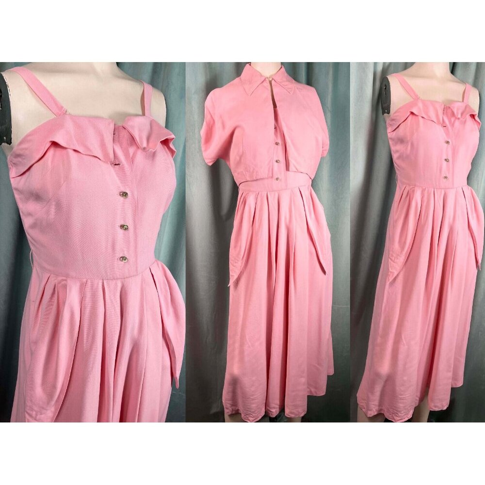Cute Late 40s Early 50s Pink Dress Bow + Jacket Set Cuff Bodice